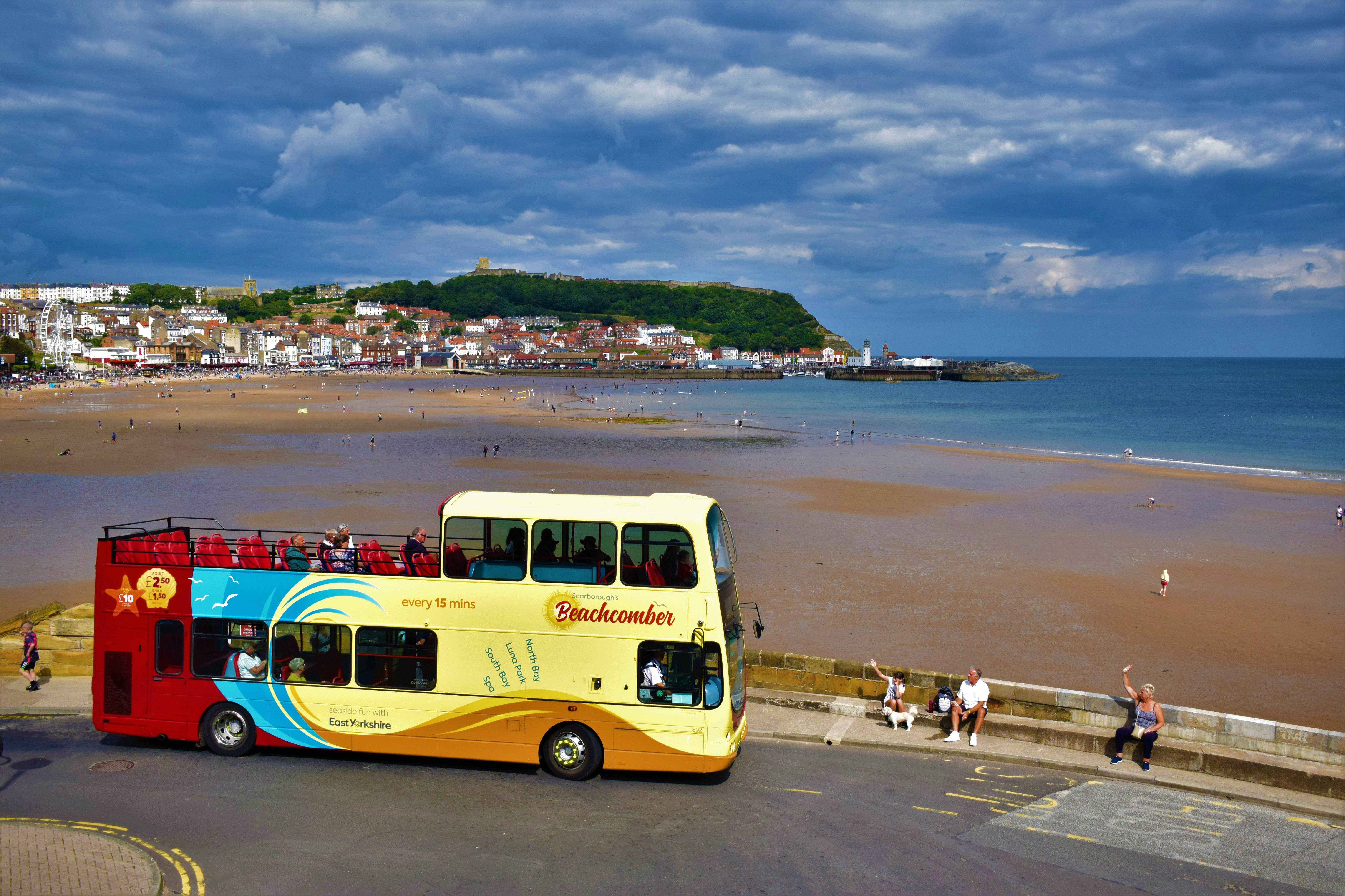 Open top bus at the seaside in Scarborough