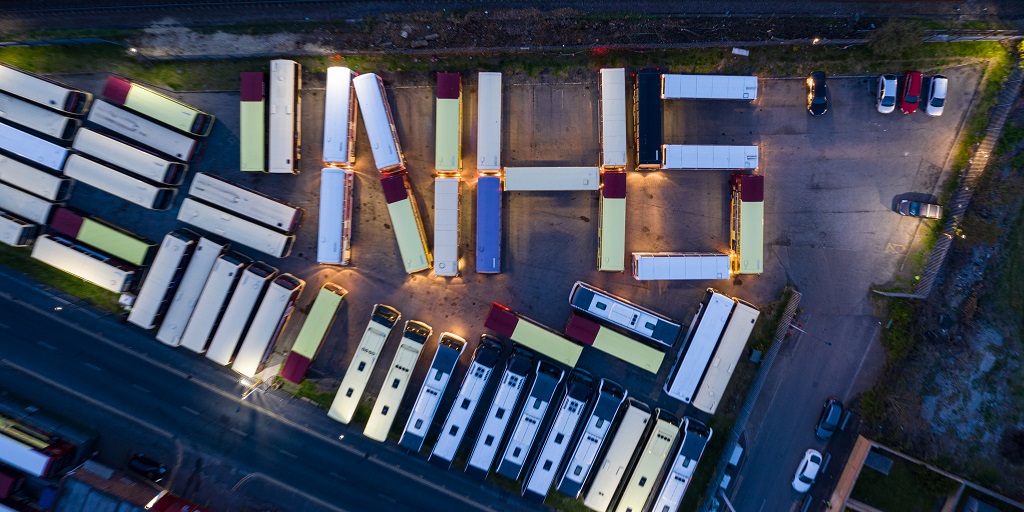 A shot taken from a drone of buses spelling out the letters NHS